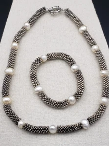 Vintage White Pearl Silver Tone Set Necklace 17" Bracelet 6.25 in upstretched - Picture 1 of 14