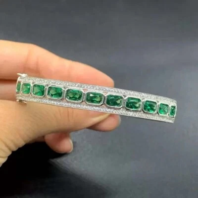Brazalete Art Deco enchapado en oro blanco de 14 quilates esmeralda creado en laboratorio de 10 quilates con regalo gratis Foto 1 de 4