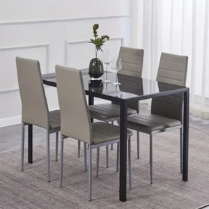 Set of 5 Glass Dining Table Set for 4 and Padded Chairs Wood Metal Glass Base - Picture 1 of 8