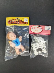 2 Vtg Cake Toppers Baby Shower Cake Decorating Plastic Wilton Crib 1st Birthday - Picture 1 of 9