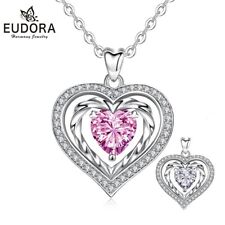 Large Pink Peach Heart Pendant Necklace Love 925 Silver Xmas Gifts For Her Women