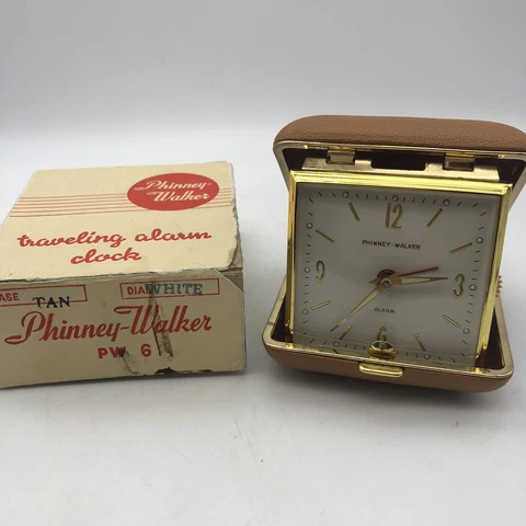 Vintage Tan Color Phiney-Walker Travel Alarm Clock in Case with Box Cover