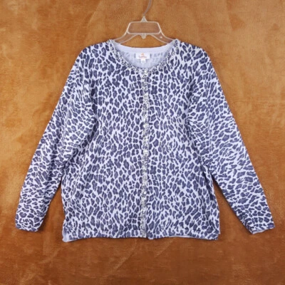 QUAKER FACTORY Sweater Womens Large Gray Cardigan Leopard Rhinestone Cotton - Image 1 of 4