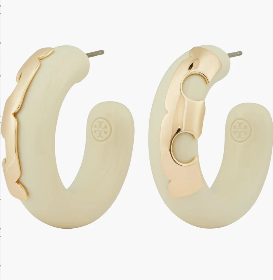 Pendientes de aro de resina TORY BURCH TORY GOLD/CREMA nuevos con etiquetas Foto 1 de 4