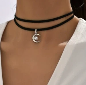 Choker Necklace Gothic Moon Collar Choker Elegant Double Layer Velvet Choker ☆☆ - Picture 1 of 5