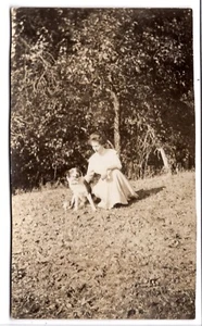 DOG RPPC Woman HILLSIDE Forest Woods AZO Vintage Real Photo Postcard - Picture 1 of 2