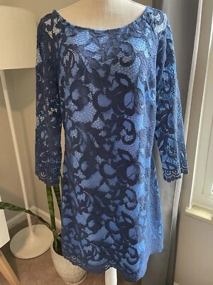 全新! Lilly Pulitzer Aaliyah 连衣裙浪漫有线蕾丝海军蓝 12 码 MSRP $288 — 第 1/4 张图片