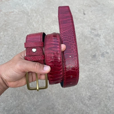 Custom Real Burgundy Full Quill Ostrich Leather Belt Handmade Men's Belt  1.5'' - Image 1 of 4