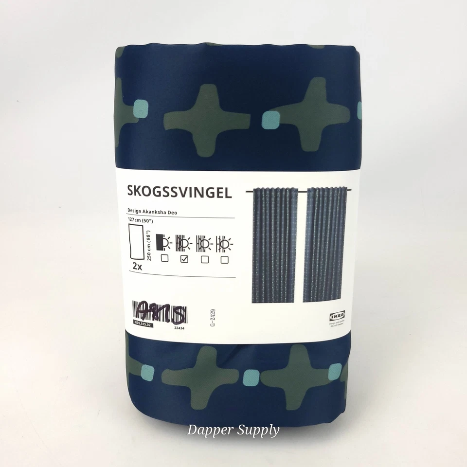 Ikea SKOGSSVINGEL Curtains 50x98 " 1 pair dark blue/green 805.515.02 -