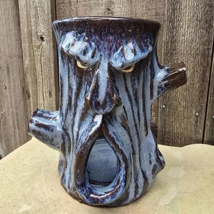 Dal Burtchaell Blue Glazed Folk Art Tree Stump with Face | 8.75" x 8" - Picture 1 of 9