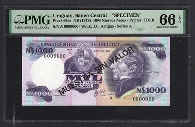 Uruguay 1000 Nuevos Pesos ND(1978) P64as "Specimen" UNC Grade 66 - Image 1 of 2