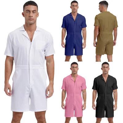 Men's One Piece Romper Short Sleeve Jumpsuit Notch Lapel Zipper Front Playsuits - Image 1 of 4