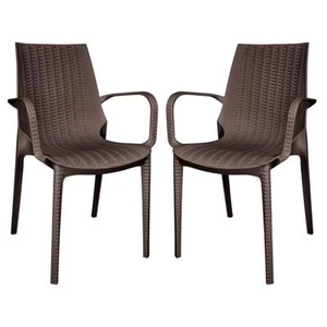 LeisureMod Kent Lightweight Outdoor Stackable Dining Armchair In Brown Set of 2 - Picture 1 of 10