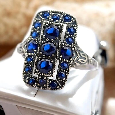 ANILLO DE PLATA ESTERLINA SÓLIDA 925 ZAFIRO SIMULADO AZUL REAL ESTILO VINTAGE 1754 Foto 1 de 4