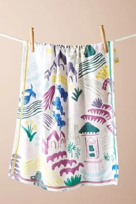 Anthropologie Dishtowel FREEHAND Houses Homes Trees Printed Woven Cotton NWT - Image 1 of 2