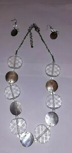 CHICO'S Silver Chunky BOLD NECKLACE Crystal & Mother Of Pearl Clear and Earrings