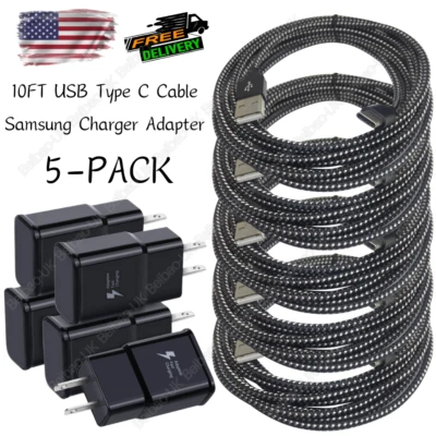 5Pack 10Ft USB TypeC Cable For Samsung Android USB Fast Charger Wall Power Block - Image 1 of 4