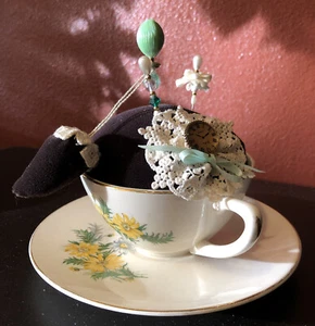Hand Made Knowles Cup and Saucer Pincushion Designer Joanna Brown Crocheted Pins - Picture 1 of 6