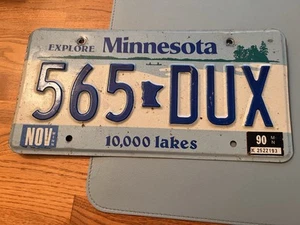 Vintage Minnesota License Plate 1990 565DUX White Tag Blue Embossed Letters - Picture 1 of 1