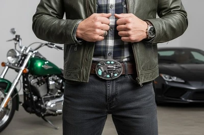 Uomo Western Moda Fibbia Metallo Argento Revolver Gun Piuma Bull Turchese Moto - Immagine 1 di 4