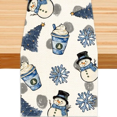 Winter Table Runner, Christmas Cute Blue Snowman Ice Cream Snowflake Tree Decora - Image 1 of 4