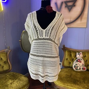 Vintage Y2K Bebe Crochet V Neck Short Sleeved Cover Up Mini Dress Size S/M - Picture 1 of 7