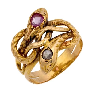 Viktorianischer Rubin Diamant 18k Gelbgold Doppelkopf Schlangenring - Bild 1 von 6