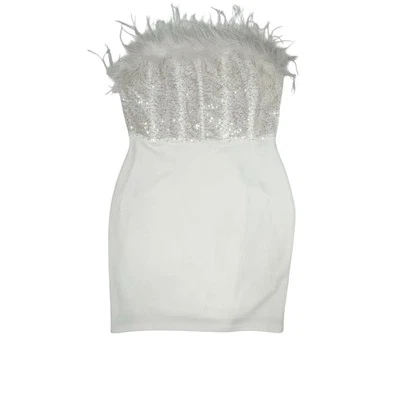 Mini Vestido Windsor Corsé Imitación Pluma Talla Pequeña Blanco Con Lentejuelas Sin Tirantes Usado en Excelente Condición Foto 1 de 4