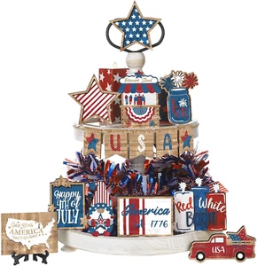 15 Pcs 4Th of July Patriotic Tiered Tray Decor Set Memorial Day Decoration Red W - Picture 1 of 12