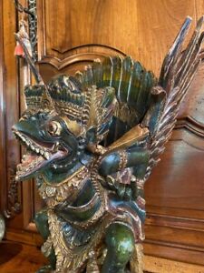 Antique Garuda Eagle Wood Sculpture Gilt India Statue Asian Hindu Rare Old 20th