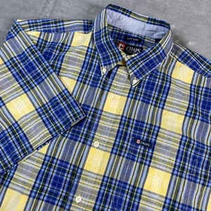 Chaps Shirt Men's XLT Tall Blue Yellow Plaid Short Sleeve Logo Button Up Casual - Picture 1 of 18