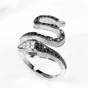 Snake Onyx & Diamond 925 Real Solid Silver 1.40ct Diamond Serpent Bypass Ring - Picture 1 of 5