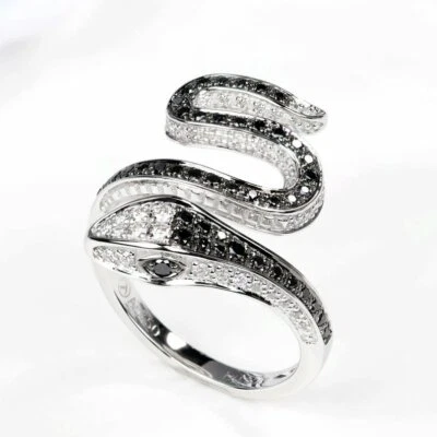 Snake Onyx & Diamond 925 Real Solid Silver 1.40ct Diamond Serpent Bypass Ring - Image 1 of 4