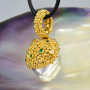 Gigantische South Sea Pearl Pendant, Gold Vermeil Sterling Diamant & Smaragd - Bild 1 von 13