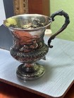 1837 English Sterling Silver Christening cup mug hunting pheasants bird repousse