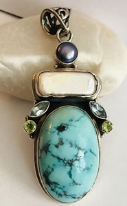 925 Sterling 30grms’Large/Heavy Turquoise Pendant,W/Multi Color Stones & Pearls - Picture 1 of 7