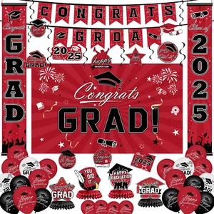 Red Themed Graduation Decorations 2025 Set - Banner, Backdrop, Swirls, Sign, Bal - Picture 1 of 18