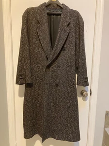 Vtg Mens wool overcoat balmacaan double breast belted black brown Herringbone XL - Picture 1 of 14