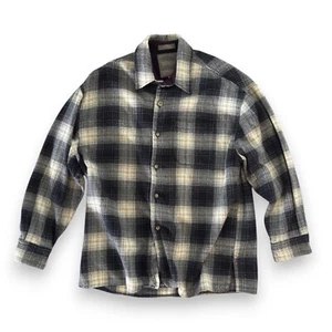 Vintage 90s Structure Flannel Shirt Mens Large Black Gray Plaid Heavy Made Italy - Picture 1 of 9