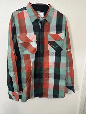 Camisa con botones Rocawear naranja picante manga larga a cuadros para hombre talla XL Foto 1 de 4