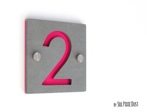Modern House Numbers, One Number Square Concrete with Pink Acrylic - Picture 1 of 7