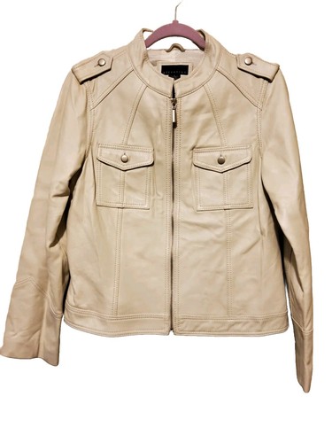 OFF WHITE Attenzione giacca moto vera pelle bianco sporco full zip tasche donna tg 12