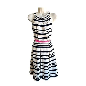 Eliza J Fit & Flare Mini Dress A Line Pleated Striped Black/Ivory Women’s Sz 8 - Foto 1 di 13
