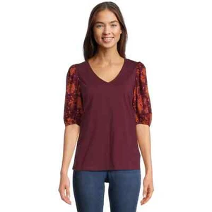 Pioneer Woman Women's Mixed Media V-Neck Pullover Top, Size Large (12-14) - Picture 1 of 4
