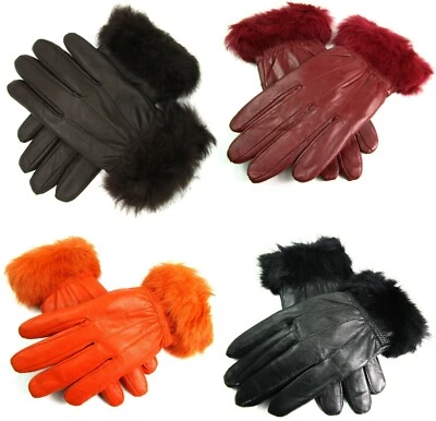 New Ladies Womens Genuine Super Soft Leather Faux Fur Trim Gloves Lined Winter  - Image 1 of 4