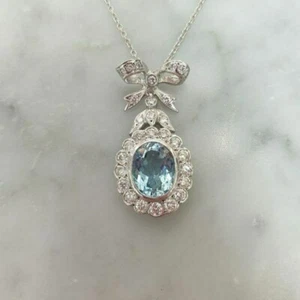 2 Ct Oval Cut Simulated Aquamarine Women's Halo Pendant 14K White Gold Plated - Picture 1 of 3