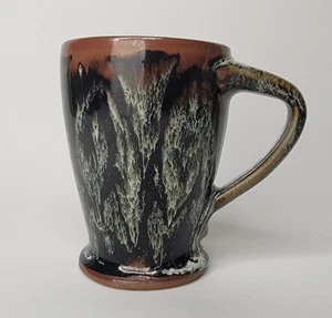 Art Pottery Mug Cup Drip Glaze Footed Handmade Black Brown White Signed - Picture 1 of 7