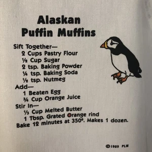 VTG 1989 Novelty Alaskan Puffin Muffins 3 Pocket Apron Kitchen Sitka Alaska EUC - Picture 1 of 14