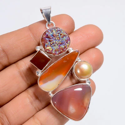 Botswana Agate Titanium Druzy Gemstone Fashion 925 Silver Pendant 2.5" ARP-6238 - Image 1 of 3
