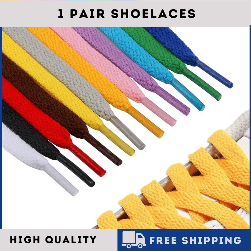Flat Shoe Laces for Trainers or Boots Shoes 8mm Wide Black White or Colour Laces - Image 1 of 4